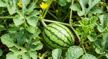 Young watermelon growing on vine amidst green leaves and yellow flower