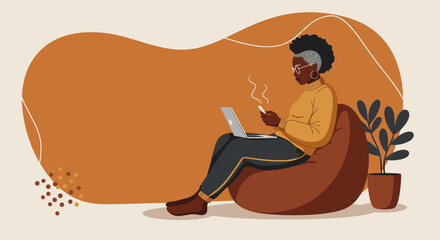 An elderly Black woman comfortably works from home on her laptop and phone, embodying modern remote work and digital connectivity in a cozy setting.