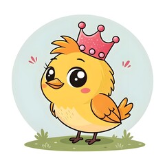 Adorable Baby Royal Flycatcher Chick Wearing A Candy Crown Crest In Cute Chibi Cartoon Style, Kawaii Exotic Bird Illustration With Sparkly Eyes, Sweet Pastel Colors, And Playful Charm