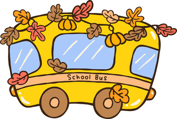 Cute Autumn Back to School, School Bus with Fall Garland Cartoon