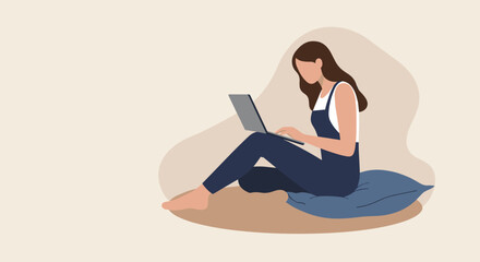 Woman comfortably working remotely on a laptop, embodying flexible modern work-life balance, online education, or digital communication concepts.