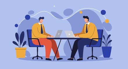 Two male professionals collaborate on laptops in a modern office, symbolizing teamwork, business, and technology. Ideal for corporate communication or digital work concepts.
