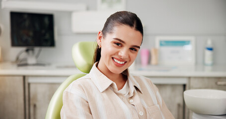 Woman, portrait and smile at dentist for dental hygiene, teeth whitening consultation or healthcare checkup. Oral care, client and patient for cavity extraction, root canal examination and service
