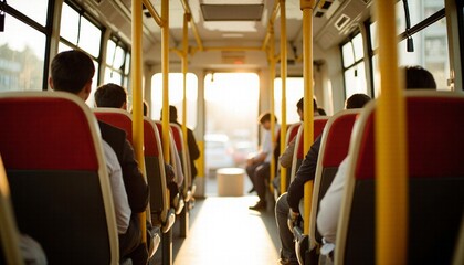 Fototapeta premium Passengers riding a public bus during a sunny commute - Urban travel and daily journey
