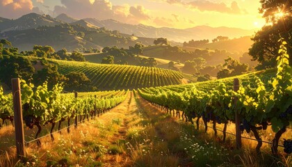 Fototapeta premium A breathtaking vineyard landscape bathed in golden sunlight, showcasing rolling hills and lush green vines.