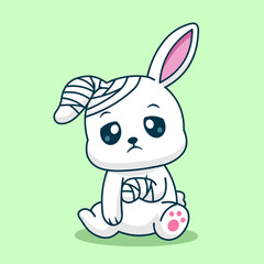 Cute vector illustration of an adorable injured bunny with bandages, showing a sad yet charming expression.
