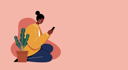Young woman sitting comfortably, engaging with her smartphone. Perfect for illustrating digital communication, online leisure, social media, or remote lifestyle.