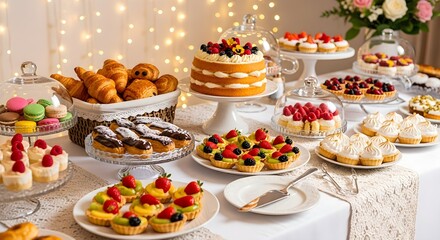 A stunning dessert table filled with an assortment of colorful macarons, croissants, mini fruit tarts, cream-filled pastries, and a layered naked cake topped with fresh berries, set for a festive cele