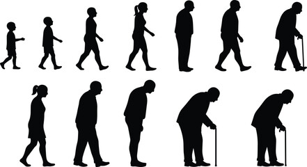 Silhouette illustration showing human life cycle from childhood to old age, male and female aging stages, isolated on white background