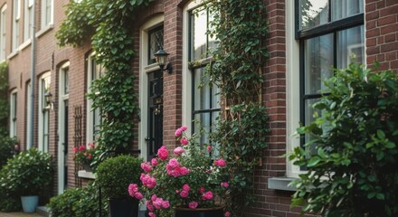Fototapeta premium Charming brick row houses adorned with lush greenery and pink flowers