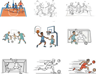 Basketball and soccer players competing, sports action, dribbling, goal scoring, team defense, athletic competition, fitness training, game excitement, teamwork, outdoor sports illustration