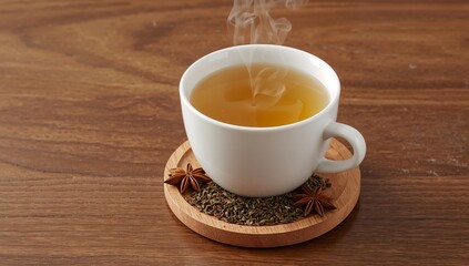 Obraz premium Still Life. White Ceramic Cup with Warm Beverage and Aromatic Star Anise on Wooden Table.