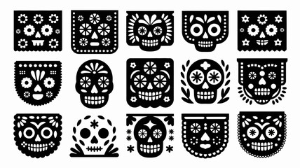 Collection of decorative sugar skull papel picado vector illustrations