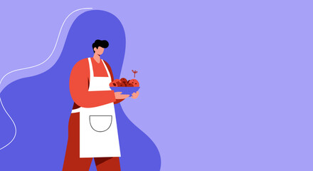 A male chef or home cook in an apron holds a bowl of freshly prepared meatballs. Ideal for culinary themes, recipe concepts, or food service.