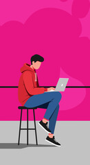 Young person in a red hoodie casually using a laptop, ideal for modern work, online learning, or digital lifestyle concepts on a vibrant background.