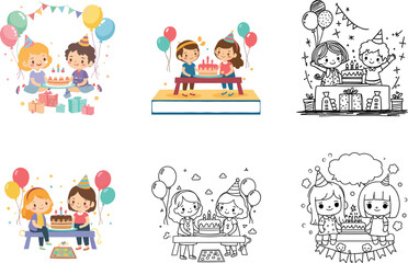 Kids birthday party, colorful balloons, birthday cake celebration, happy children, party hats, gift boxes, festive mood, joyful friends, cartoon illustration, birthday fun