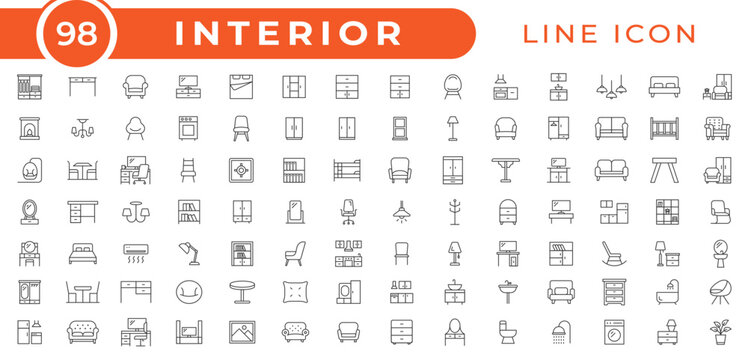 Interior and furniture line icon set. Modern line icons perfect for interior design, home decoration, furniture, appliances, renovation, architecture, house styling, residential icons