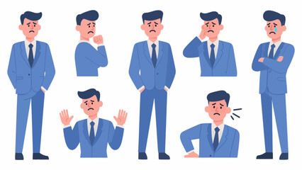 Depressed businessman in blue suit with various negative emotions depicted