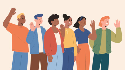 Obraz premium Diverse group of people waving hands with friendly gestures and happy expression