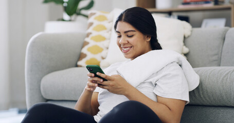 Fitness, phone and smile with plus size woman in home for workout routine, weight loss tips and...