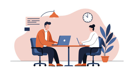 Two colleagues work diligently on laptops at a modern office desk, illustrating teamwork, productivity, and efficient business operations in a contemporary workspace.