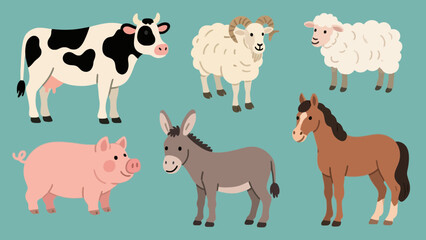 Obraz premium Farm animals cartoon illustration featuring cow sheep pig donkey horse