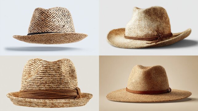 Four straw hats, various styles, light beige/brown tones,  floating or resting on muted backgrounds