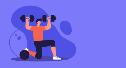 Strong man performing an overhead press with a barbell in a dynamic lunge pose. Ideal for health, fitness, and active lifestyle concepts.