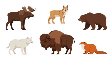 Obraz premium Illustration of North American wildlife featuring moose, lynx, and bear