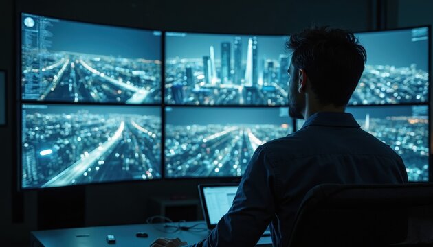 Man in dark control room watches multiple screens displaying glowing cityscape at night. Analyst studies surveillance footage for security, urban planning, data analysis. High-tech office environment - Powered by Adobe