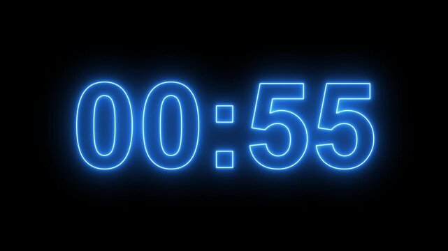 Glowing neon colorful 1 minute countdown animation from 60 seconds to 0 seconds. 1 minute countdown timer on a black background. 4k video
 - Powered by Adobe