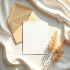 Invitation card mockup a beige envelope and blank card resting on draped white fabric with decorative wheat stalks nearby