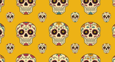 Seamless pattern of colorful sugar skulls on a golden yellow background vector