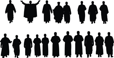 Silhouettes of religious priests in robes, various poses and gestures, isolated on white background, spiritual leaders, traditional clergy attire
