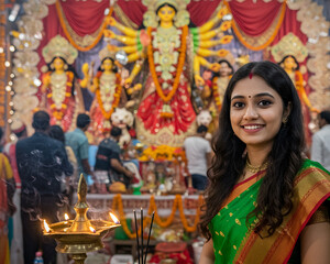 Obraz premium Portrait of woman in saree at colorful pandal. Bengali woman with lotus at puja pandal on the occasion of Durga Puja