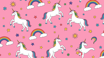 Obraz premium Whimsical unicorn pattern with rainbows and stars on a pink background