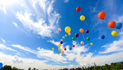 Colorful balloons floating in a clear blue sky