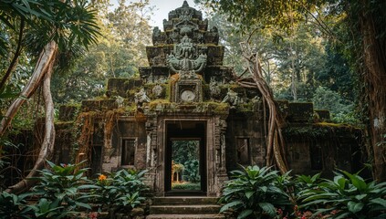 Fototapeta premium Whispers of Stone, Echoes of Green. An Ancient Structure Emerging from the Jungles Embrace.
