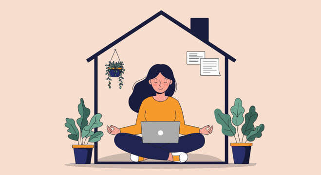 Woman meditating at home with laptop achieving work life balance concept