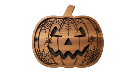 Wooden halloween pumpkin decor on transparent background