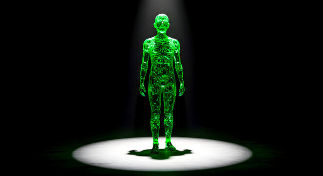A glowing green translucent humanoid figure stands in a spotlight, symbolizing future technology, artificial intelligence, or an extraterrestrial discovery