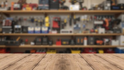 Wooden Surface in Front of a Blurred Array of Objects on Shelves, A Still Life.
