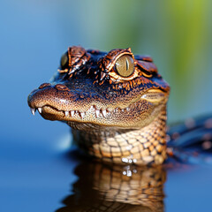 Fierce alligator emerging from water, showcasing its sharp teeth and intense gaze