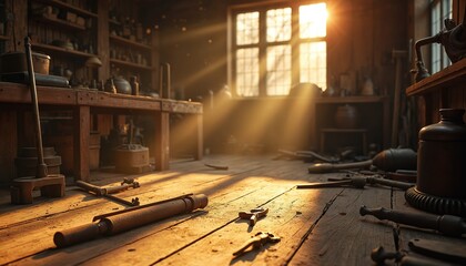 Sunlight streams into a rustic workshop, illuminating scattered tools on a wooden floor. Shelves filled with equipment line the walls of this carpenter shop, creating a warm, aged atmosphere.