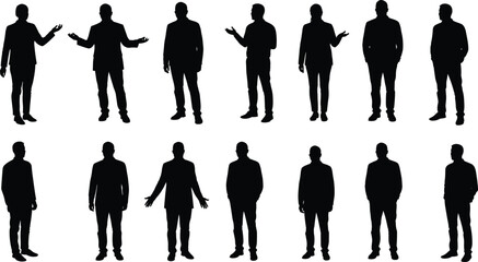 Silhouettes of business professionals standing, presenting, gesturing in conversation, corporate team poses, isolated on white background, formal attire people