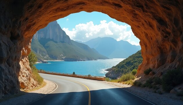 Scenic road through a coastal mountain tunnel opens to blue sea and sky. Green slopes and rocky cliffs frame the captivating Mediterranean landscape. Perfect journey destination for summer vacation. - Powered by Adobe