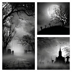 halloween symbols in illustrative style, each image isolated, professional Halloween symbols composition, spooky design elements
