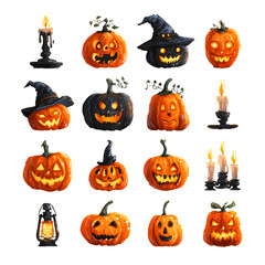beasts and halloween symbols in illustrative style, isolated images, row view composition
