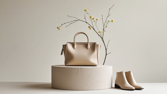 A light beige handbag and ankle boots sit atop a neutral pedestal, accented by a delicate branch with yellow flowers.
