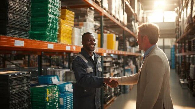 🤝 Warehouse Deal: A moment of professional camaraderie unfolds as two individuals seal a deal within a bustling warehouse setting. The image captures the essence of business in action. 